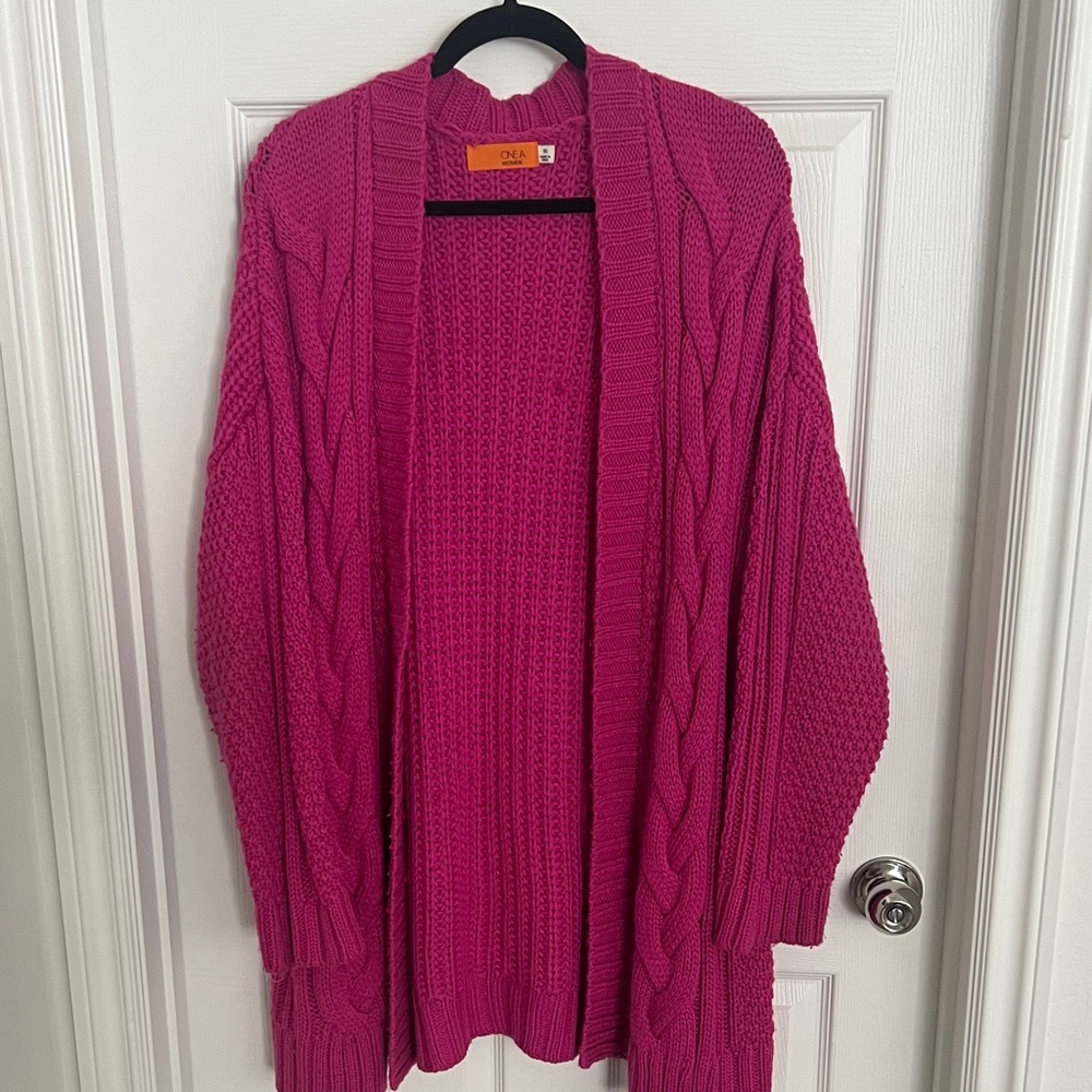 One A Cable Knit Open-Front Cardigan - Fuchsia